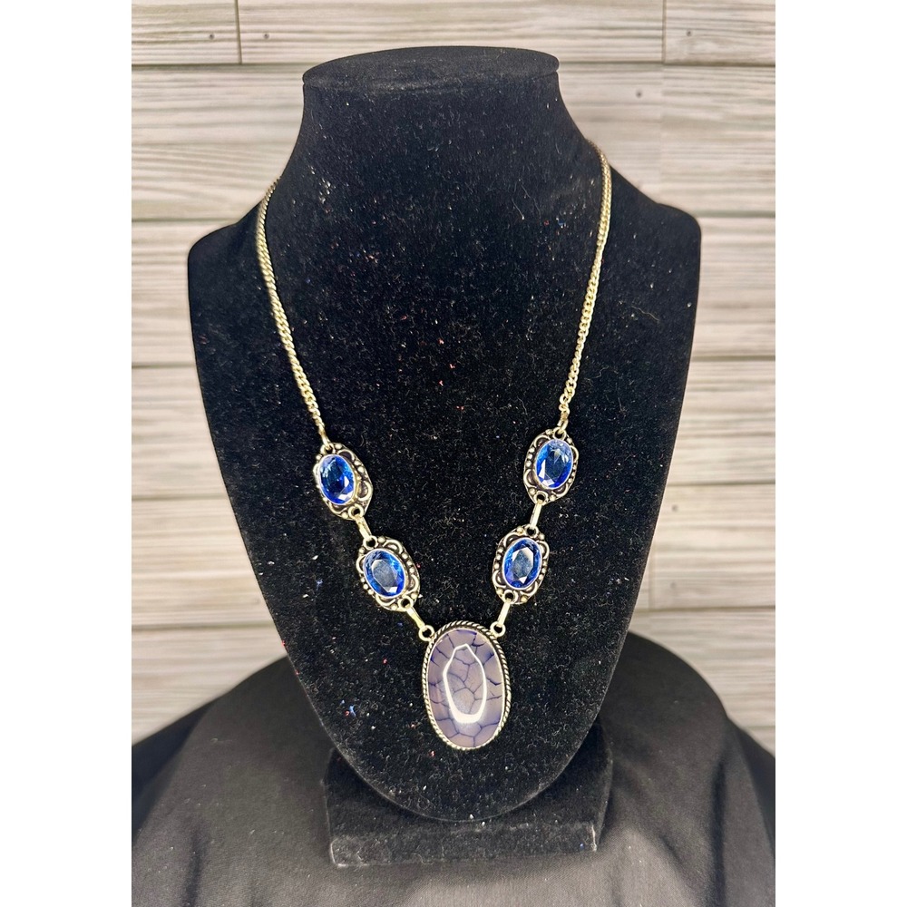 Unique 925 Silver Statement Blue Stone Vintage Necklace Agate Style Stamped